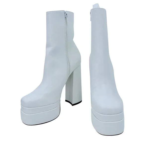 NIB White Platform Chunky Heel & Side Zip Edgy Retro Vegan Platform Boots - Picture 6 of 16
